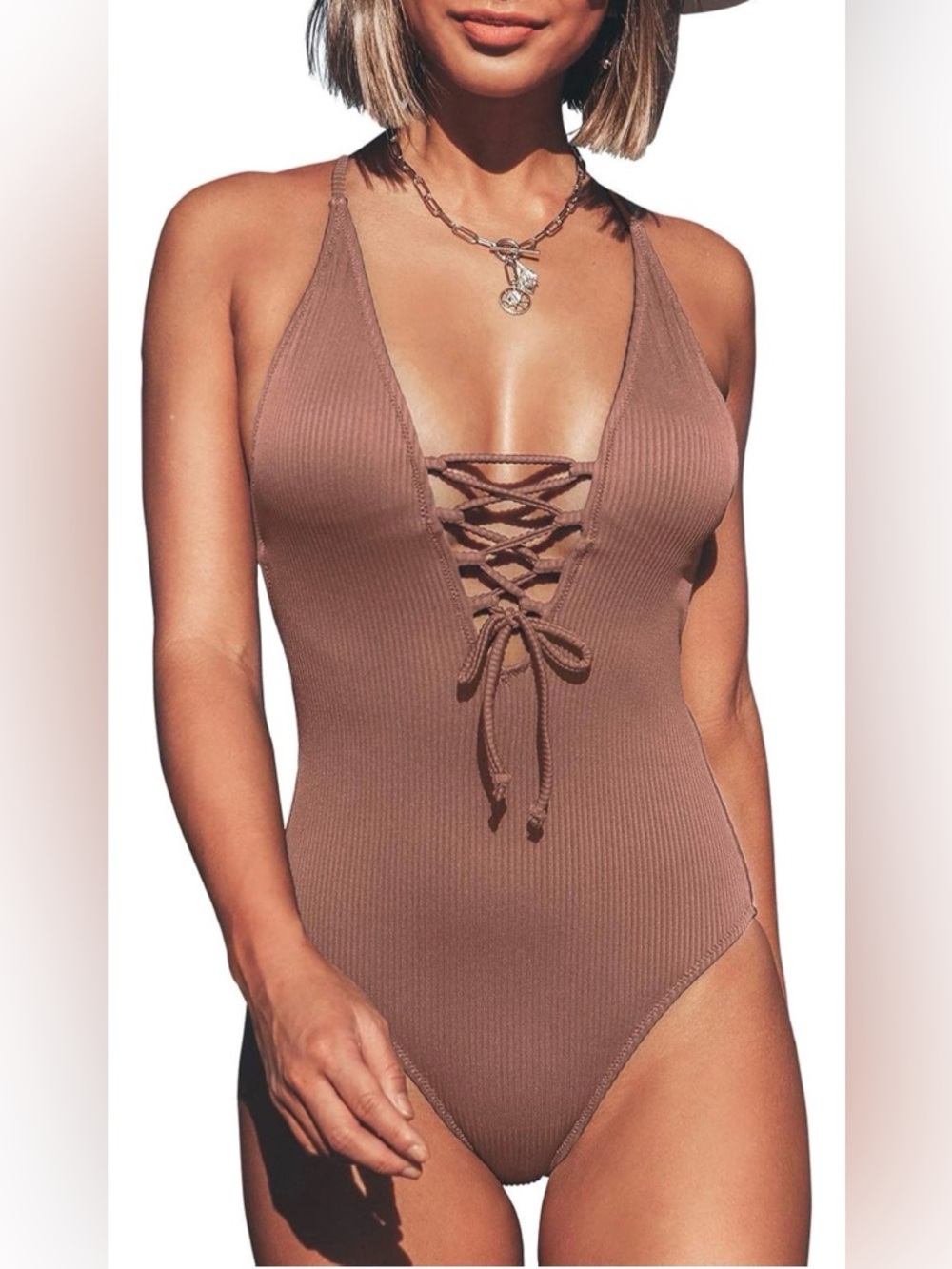 CUPSHE Women's Solid Color V Neck Lace Up One Piece Swimsuit
